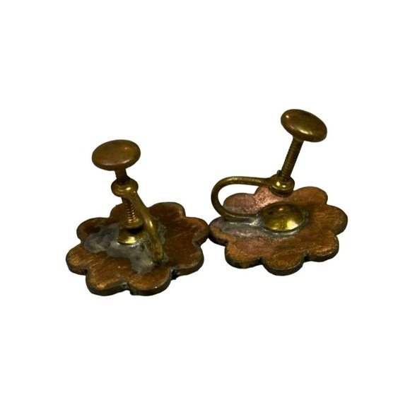 4 Pair Vintage Mid Century Enameled Copper Hand Painted Screw Back Earrings Roun - Picture 4 of 10